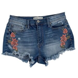 Mudd Womens High Rise Shortie Denim Shorts Floral Embroidered Blue‎ Size 5